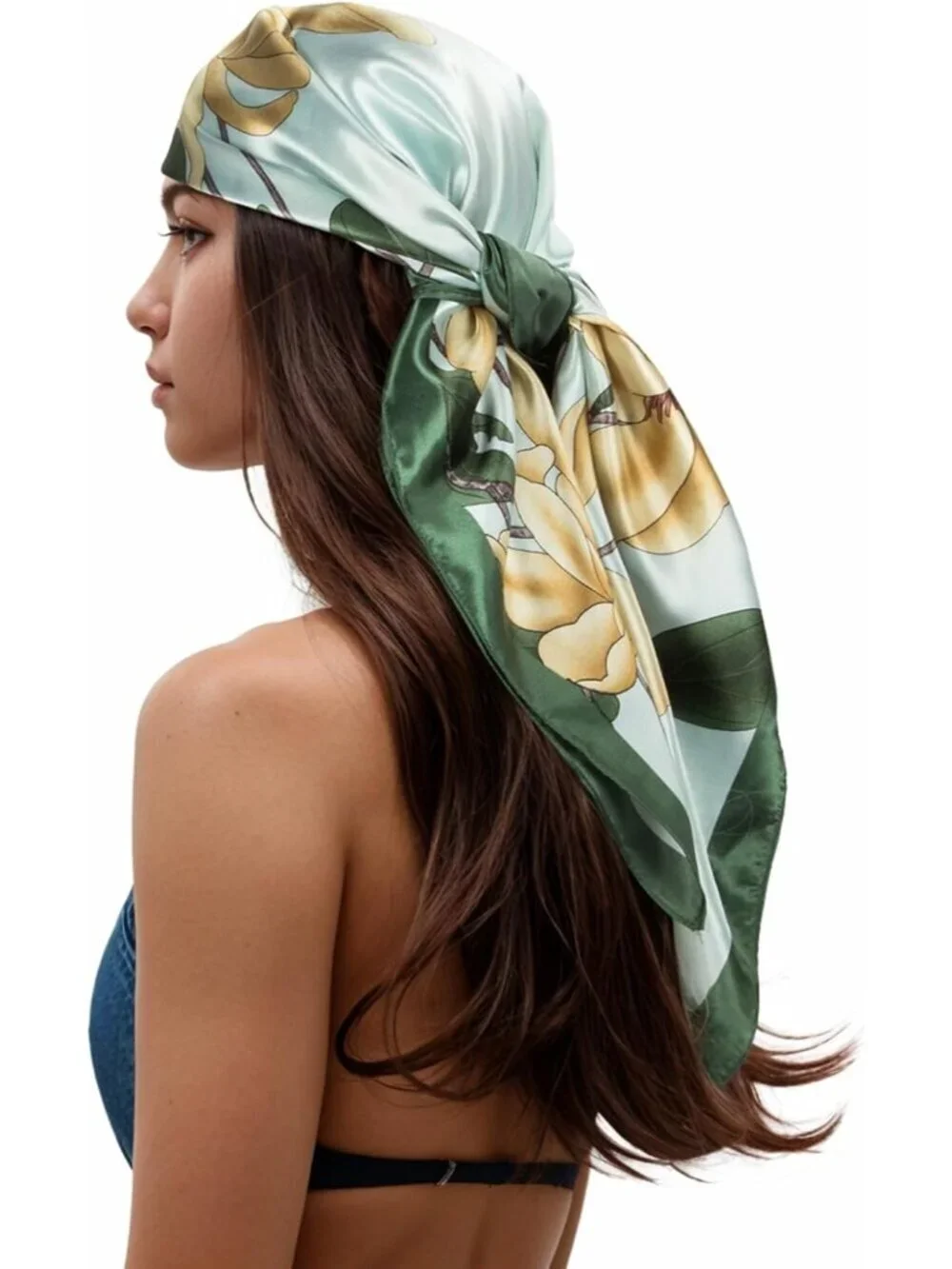 Women's A-Light Green Printed Square Scarf Bandanas Hair Scarf 35 Inches